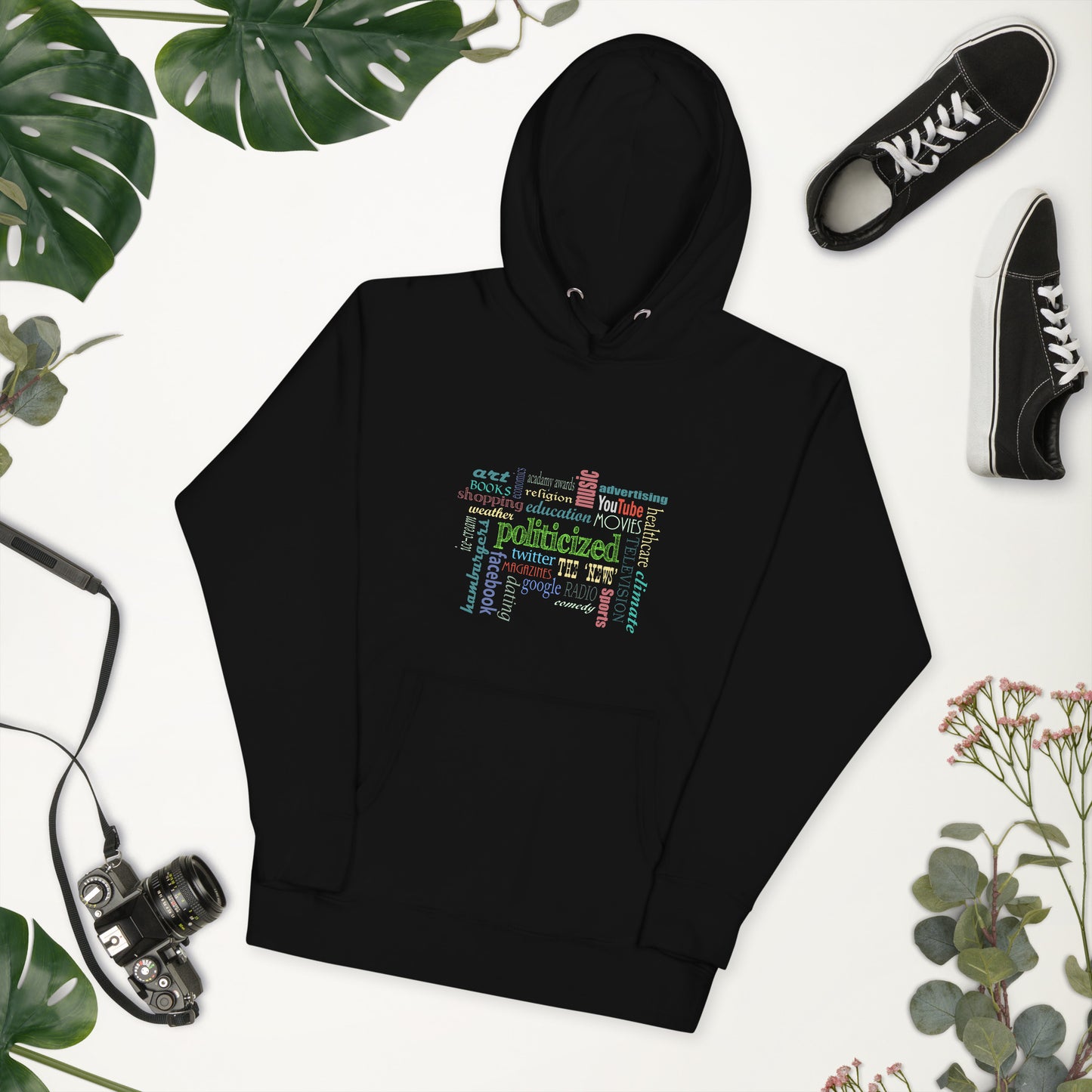 “Everything Is Politicized” Word Cloud Hoodie – Anti-Agenda Hoodie for Men