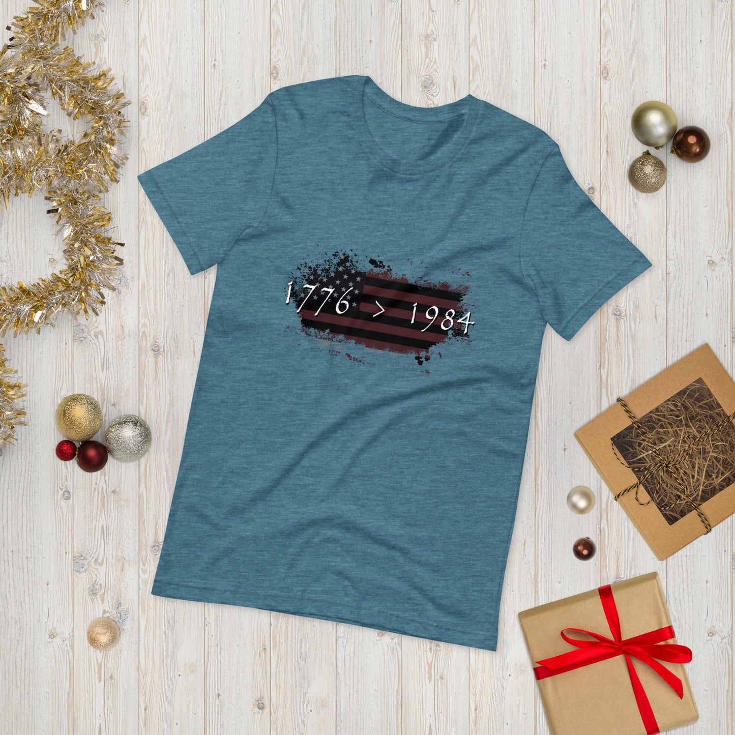 1776 > 1984 Men’s T-Shirt – Distressed American Flag Graphic Tee for Free Thinkers