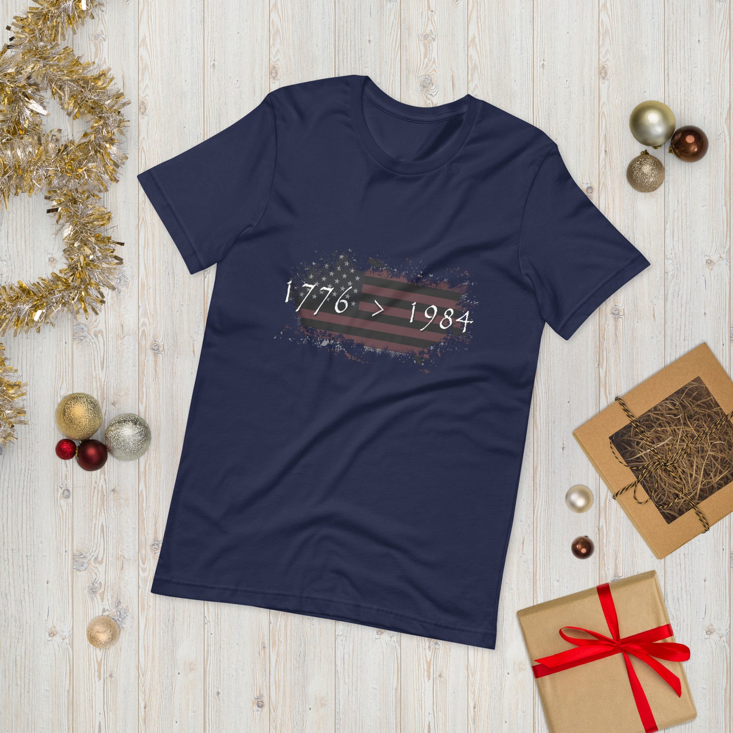 1776 > 1984 Men’s T-Shirt – Distressed American Flag Graphic Tee for Free Thinkers